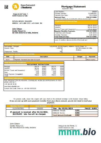 Andorra Bank BancSabadell d'Andorra wyciąg z kredytu hipotecznego szablon Word i PDF